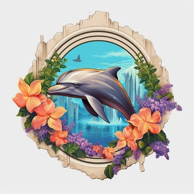 dolphin, close up, a sticker, artwork of t shirt graphic of majestic forest, in digital painting style , beautiful flowers, sunset mountains and clouds , big vines, stone temple covered in vines, white background, colorful fantasy flower sorround , highly detailed clean, vector image, photorealistic masterpiece, professional photography, realistic, flat white background, isometric, vibrant vector, clipart, illustration, realism, 4k, , cinematic, front view, white background, paradise, extremely 