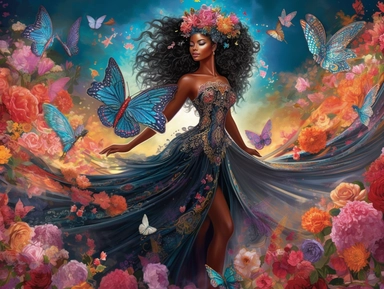 A captivating clipart of a black woman angel with ethereal wings, their plumage shimmering with iridescent colors, wearing a flowing gown that seems to blend with the wind, standing amidst a lush garden of vibrant flowers, surrounded by butterflies and hummingbirds, radiating a sense of harmony and tranquility, Sculpture, marble carving,
