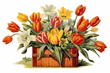 Vintage 1920 detailed open box of tulips Illustration , Chromolithograph, Die Cut, 1920s Illustration, Vintage, Chromolithograph, Colorful, Antique, Ephemera, Clipart, 8k, Isolated on white