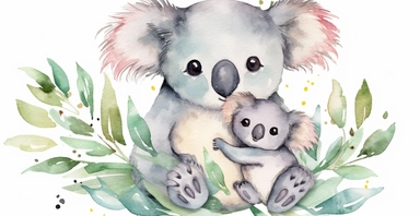 cute happy mom and baby koala, clipart, watercolor, full body, with trees on the background