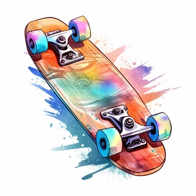 watercolor clipart realistic A stylized skateboard with colorful wheels and unique designs on the deck