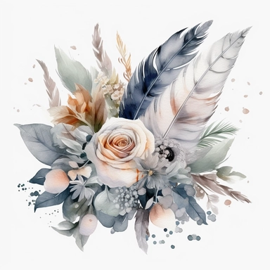 Watercolor dusty greay and white feathers bouquet clipart white background no text wedding style eligible for transparent background