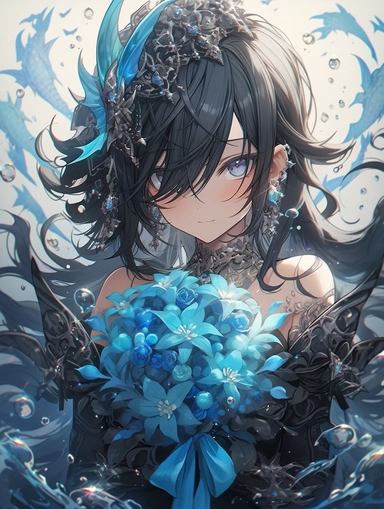 pale white skin, plants, in the style of princess peach, genshin impact, hololive, honkai impact, cyber goth black wedding dress, goddess, glass shards, vibrant black and blue hair, glowing hair, underwater, water particles, wind blowing, glowing blue eyes, yandere,insane, crazy, white girl, iridescent, ultra detailed, high quality, veil over face, evil smile, necromancies, glowing hair, glass hair, underwater, hair made of water, lotus hair clip, spikes, exotic feminine body, small antennas, de