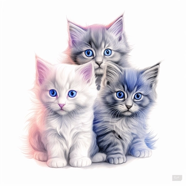 3 fuzzy kittens color pencil sketch on a white background for clipart