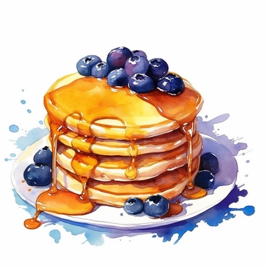 watercolour, clipart, breakfast, pancakes and syrup and blueberries