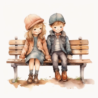 adorable little vintage boy and girl walking sitting on a bench, watercolor clipart, high quality clipart, no background , high details