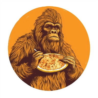 sasquatch clipart holding pizza, eating huge pizza, one color design, screenprint