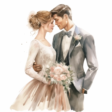 Wedding bride and groom, clipart, white background, in the style of elegant realism, muted and subtle tones, detailed painting, transparency and lightness