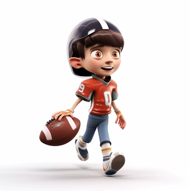 cute young boy playing american football, making a pass, passing, wearing a helmet, full body, smiling, american football, Sport graphics, action clipart, 16k, isolated on white background, 3d, rendered by pixar