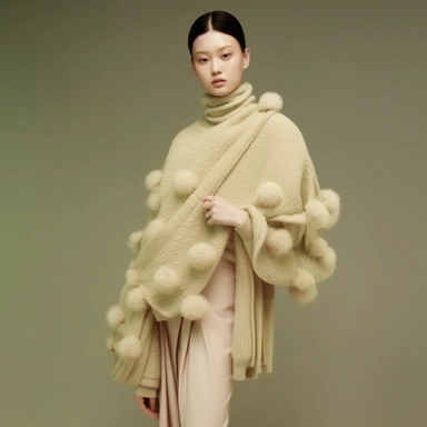 Autumn 2025 Women's Wear Design Exhibition, braided style, avocado green, light beige, textured mohair, irregular length, pom-pom embellishment, very three-dimensional, Petrina Hicks, Chinese contemporary art style, minimalism, high Detail, 16K, high quality, deconstructed clip ar 18:29