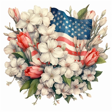 American flag with spring flowers. USA independence day. 4th of July, The illustration should be in the style of dreamy watercolor florals, inspired by the works of artists like Vytautas Kairiukstis, Villagecore, Kathrin Longhurst, and Christian Schloe. The color palette should predominantly feature white and pink, with a touch of flower power. The aspect ratio of the illustration should be 3:2. Be sure to include vintage truck clipart in your design, and dont forget white background, NO BACKGRO