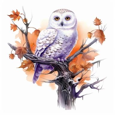hand drawn spooky branch with cobwebs and leaves, snowy owl with glowing eyes perched on the branch,Halloween, purple and orange shades,fantasy, glamorous, , clipart style, detailed and realistic, watercolor, white background with margins