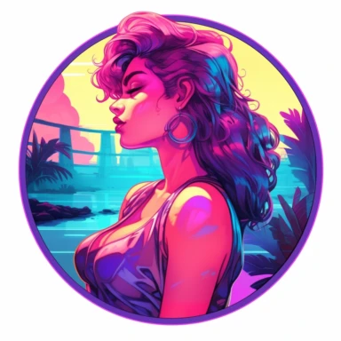synthwave-styled hot woman watching herself in the mirror, watercolor , in the style of dan mumford, light magenta, tropical symbolism, cute and colorful, transparent layers, rounded, vibrant and colorful, clipart, white background, high detail, individual elements