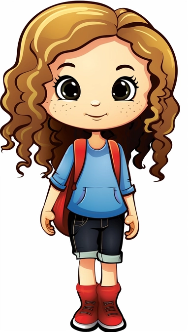a little girl doll style, fashion clothes, black contour, sneaker, long curly hair, cartoon character, clipart, big eyes, disney, sarah kay, happy, big smile,