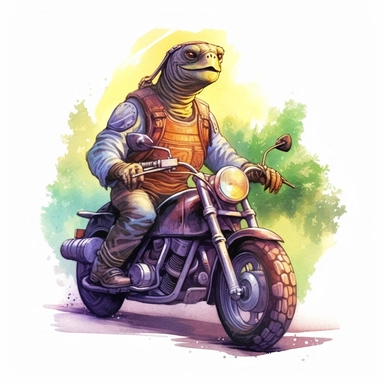 Create a clipart of a cute turtle in a leather jacket riding a vintage motorcycle. Strong and vibrant colors. Jungle trees before a White Background, soft lighting.