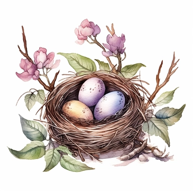 handprinted Watercolor Bird Nests Clipart, flowers, and leaves, 3 eggs on the nest and the bird sit beside on the nest.