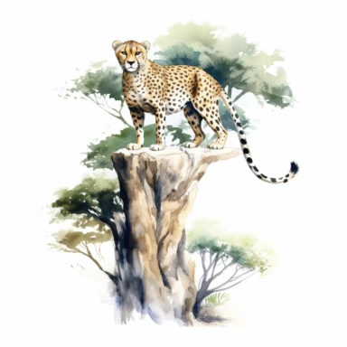 realistic watercolor cheetah climb up a green tree while waiting for predator on solid white background, clipart