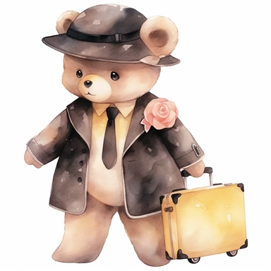 watercolor clipart painting of a cute baby bear spy wearing a yellow tuxedo suit and a yellow hat and a yellow briefcase, clipart
