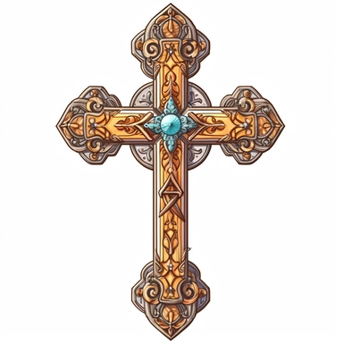 clip art, cute cross, a large ornate wooden cross, anime style, cartoon, isolated on white background