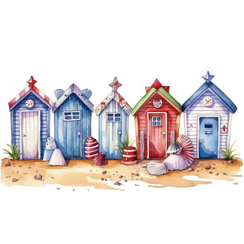 Very very cute and Whimsical beach cabins in a row, on the sea shore ...