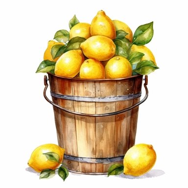 Watercolor clipart very detailed bucket of lemons. White background