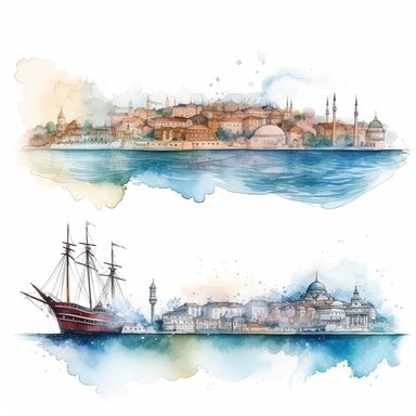 watercolor istanbul golden horn panaromic view seeing the both banks and modern time ships , illustrations clipart set, simple, , cartoon elements ,different variants , separate elements with a margin
