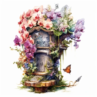 a watercolor nostalgic fairy spring mailbox on a stand, profil view, surrounded by an invasive arrangement of hundreds dramatic extravagant saturated digital natural 3D orchid, in the style of large-scale photography, lush detailing, invasive nature, watercolor style, pastel colors, playfully intricate, made of flowers, bloomcore, clipart, clear background