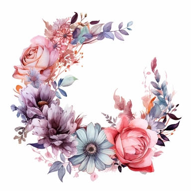 beautiful watercolor floral wreath with decorative elements, flowers, leaves, clipart, isolated on white background, bojo, vintage, lithograph, 32k uhd, texture