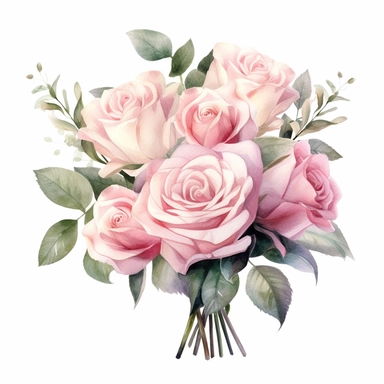 Isolated on a white background, in a feminine style that is populair on Etsy, pink roses bridal bouquet, high resolution, highly detailed, watercolor clipart illustration, soft pastel color theme, baby pink