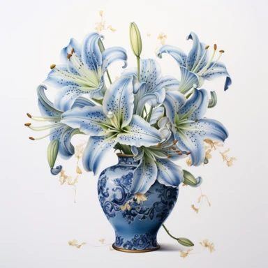 A highly detailed watercolor and pencil drawing of a clipart of blue Lily gracefully showcased in a vase on a isolated white background,, The flower is meticulously rendered, capturing the intricate details of its petals, stamen, and sepals. The combination of watercolor and pencil techniques adds depth and dimension to the drawing, with the watercolor providing soft washes of color and the pencil adding fine lines and delicate shading. The drawing highlights the flower's elegant structure,empha