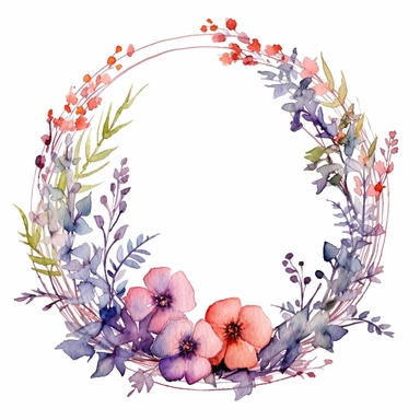watercolor clipart of a empty suttle dainty floral circle frame surrounded by spring flowers. Capture the essence of blooming beauty and intricate details in your artwork, white background