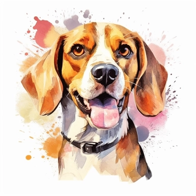 On a white background, a detailed Beagle dog portrayed in a watercolor style, appearing as a clip art. The Beagle has expressive eyes and floppy ears, with intricate brushstrokes capturing its fur's texture and colors throughout its entire body. The clip art showcases the Beagle in a playful pose, with its tongue out and tail wagging. The watercolor technique creates a soft and ethereal quality, with delicate blending of hues and subtle splatters of paint, giving the artwork a lively and vibrant