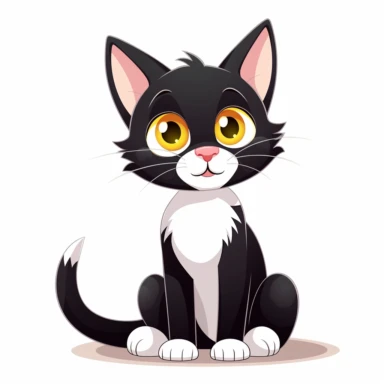 cute cartoon cat, black and white cat, black face with a little bit white by mouth, a lot of white on chest, white paws, black legs, yellow eyes, full body sitting, white background, clip art, vector graphic