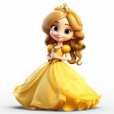 pixar style little princess clipart, yellow tone colors, big eyes, smiling, lovely, adorable, full body, on white background