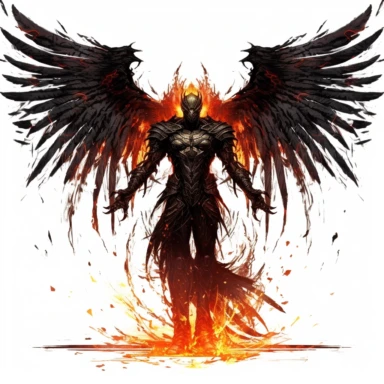 image of a dark archangel, fire wings, mythological figure, sci-fi style, white background, clipart
