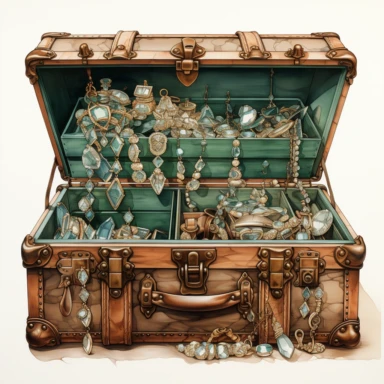 hand drawn , watercolor, hyper realistic, white background, white margins, 16k, ultra detailed clipart, cut out image, hand-drawn, ultra HD, sharp and clean art a vintage treasure chest filled with vintage high heels n the style of clipart