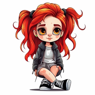 little girl doll style, black contour thin lines, sneakers, pigtails, red hair, cartoon, clipart, cute eyes, illustration for kids, disney,