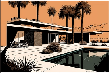 letraset clipart of a midcentury brutalist house and swimming pool in palm springs, 1960's, happy, friendly, washingtonia palms, low camera angle, pool, bob peak, slim arrons