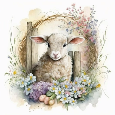 an adorable watercolour easter baby lamb with big eyes surrounded by flowers and easter eggs clipart, in a cozy and rustic barn. The lamb is sitting on a bed of hay, with baskets of colorful easter eggs and bouquets of wildflowers nearby. The atmosphere is warm and inviting, with a touch of nostalgia. Artwork, painted with watercolors and ink