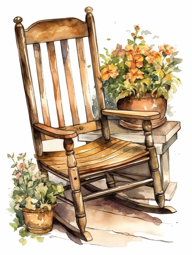 watercolor, vintage, country, wood rocking chair with beautifully carved arm rests and flower pots next to it, on white background, clip art