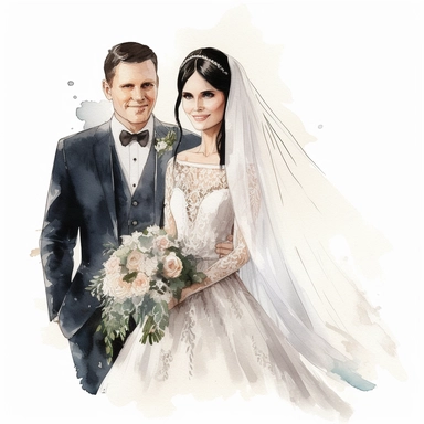amazing detailed watercolor clipart of a beautiful smiling bride with dark hair and with a beautifully detailed couture dress and a long veil and a handsome groom, solid white background, clean sharp focus