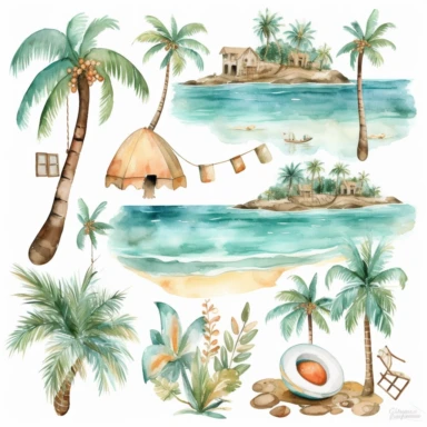 Tropical island beach clipart set isolated on white, watercolor, turquoise - - no photograph