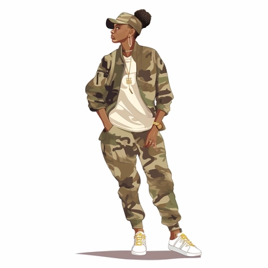 Beautiful African American Girl Fashionable Wearing HipHop Camouflage Outfit With White Tennis Shoes, Gold Hoop Earrings, Symmetrical Full Body Clipart, Digital Illustration, White Background