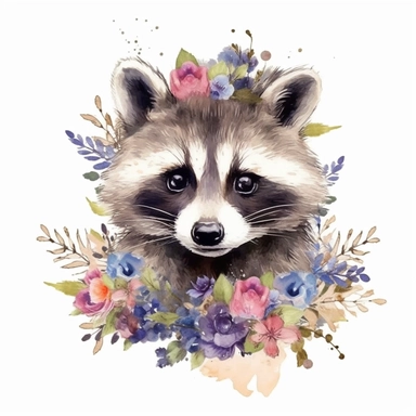 Nursery Print baby head raccoon flowers drawn in watercolor style, vector design, , Sublimation Clipart ,Cartoon,hyper realistic, intricate detail, illustration style,high solution,on the white background