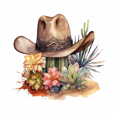 Create a radiant watercolor clipart illustration on a white isolated background vector, featuring an elegantly detailed leather cowboy hat adorned with intricate and colorful floral designs, gracefully positioned on the sandy desert floor, casting a shadow beside a magnificent cactus plant. Infuse the artistic style of Shirley Trevena, a renowned watercolor artist known for her bold use of color and experimental techniques, to create a composition that celebrates the interplay of vibrant hues an