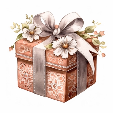 floral Rustic Lace and Watercolor Wedding Favor Box with Ribbon Accents, Illustration clipart, 4K, extremely detailed Sublimation Clipart,Cartoon,hyper realistic, intricate detail, illustration style,high solution,on the white background