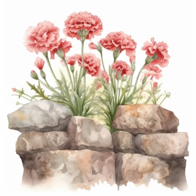 Design a watercolor clipart vignette of carnation flowers blooming along a stone wall, using the Michelangelo-inspired Watercolor Haven style on a white background. Highlight the delicate arrangement of carnation flowers, their leaves, and accompanying foliage, perfect for adding a touch of charm and warmth to various designs.