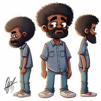 Draymon, 40 year old black man, illustration for children's book, multiple poses and expressions,40 years old, curly black and gray faded flat top afro, large eyes, wearing blue jeans, blue shirt, brown shoes, full beard, full lips, Watercolor Clipart, strybk, full Illustration, 4k, sharp focus, watercolor, smooth soft skin, symmetrical, soft lighting, detailed face, watercolor style, strybk, Octane rendering, 3d. Perfect face, detailed face, delicate face, perfect round lips, detailed eyes. Ghi