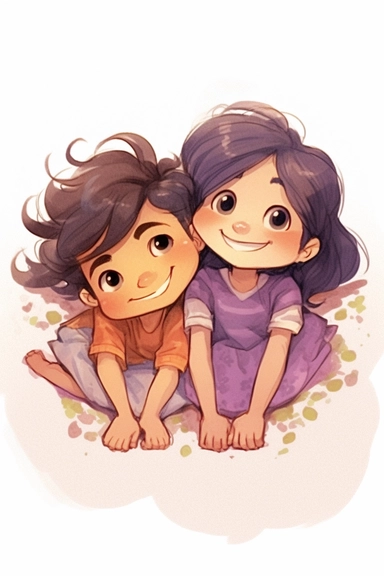 little girl with boy, lying on their back, looking up at the camera, boy with black hair, girl with brown hair, tan skin, girl with purple dress, young, pretty, purple dress, happy, in love, friends white background, purple dress, simple, cartoon, children's book illustration, no background, white background, white background, bright colors, talking, cartoon image, kids book, clipart