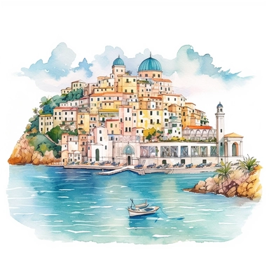 The Amalfi Coast, Italy, watercolor Clipart, watercolor Sublimation graphics, hand drawn illustration by katie daisy, Watercolor clipart, single design, single object, print on demand image, PNG transparent background, white background for removing background - - no text shadow font watermark, 8k